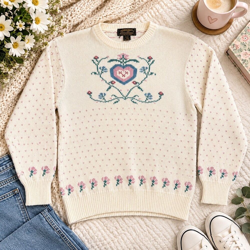 Vintage Eddie Bauer Floral Rose Cotton Knit Sweater Medium Grandma Core 90s